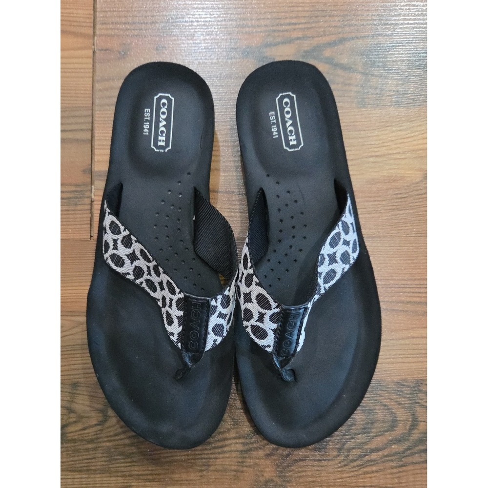 Coach Jessalyn Surf Fiji Signature Logo Wedge Flip Flop Thong Sandals 7 Black - Picture 2 of 7